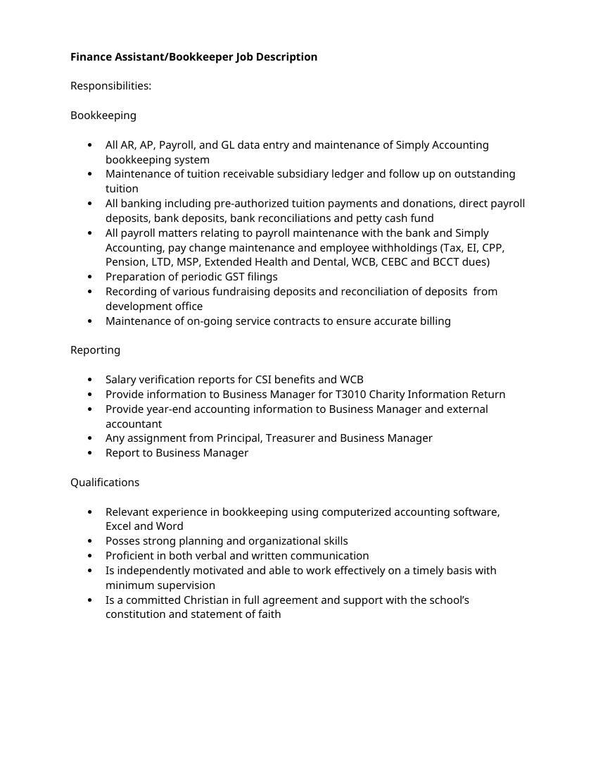 Sample Finance Assistant Job Description